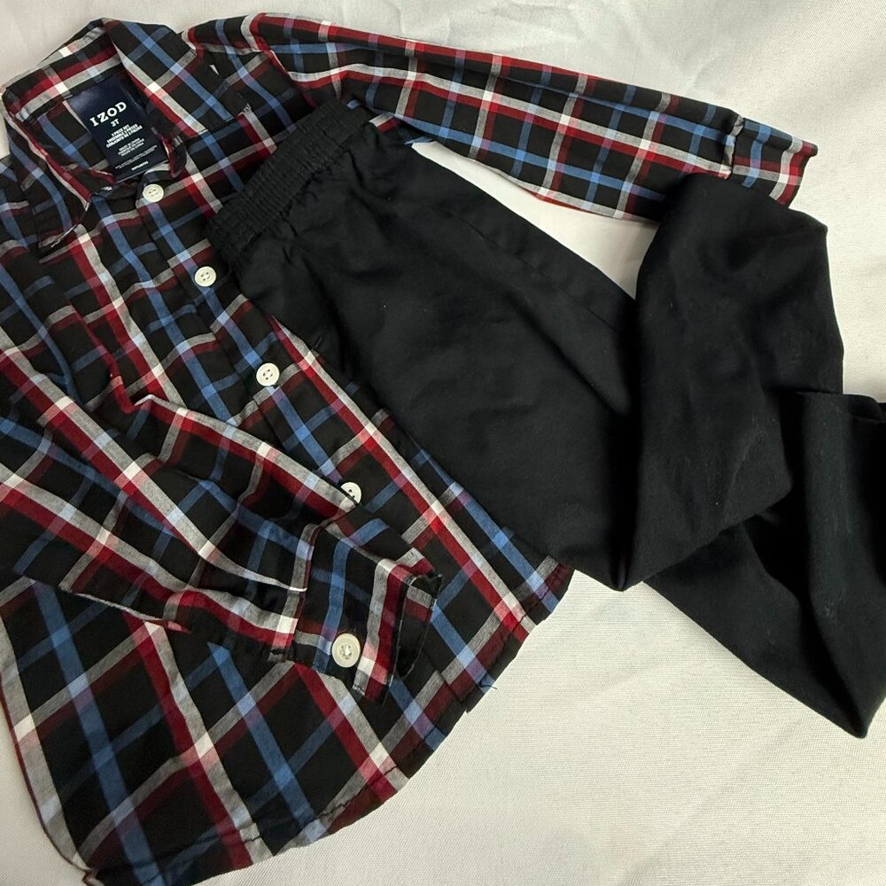 IZOD 3T toddler Boy's Plaid Shirt and Black Pants set